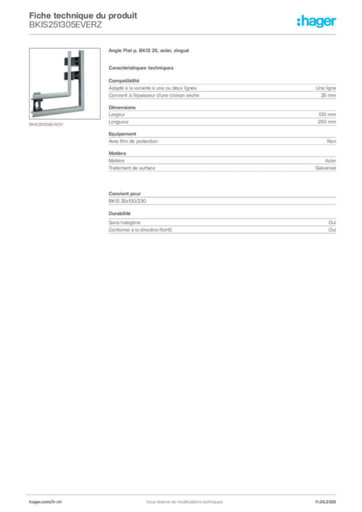 Image Hager Fiche technique du produit BKIS251305EVERZ | Hager Suisse