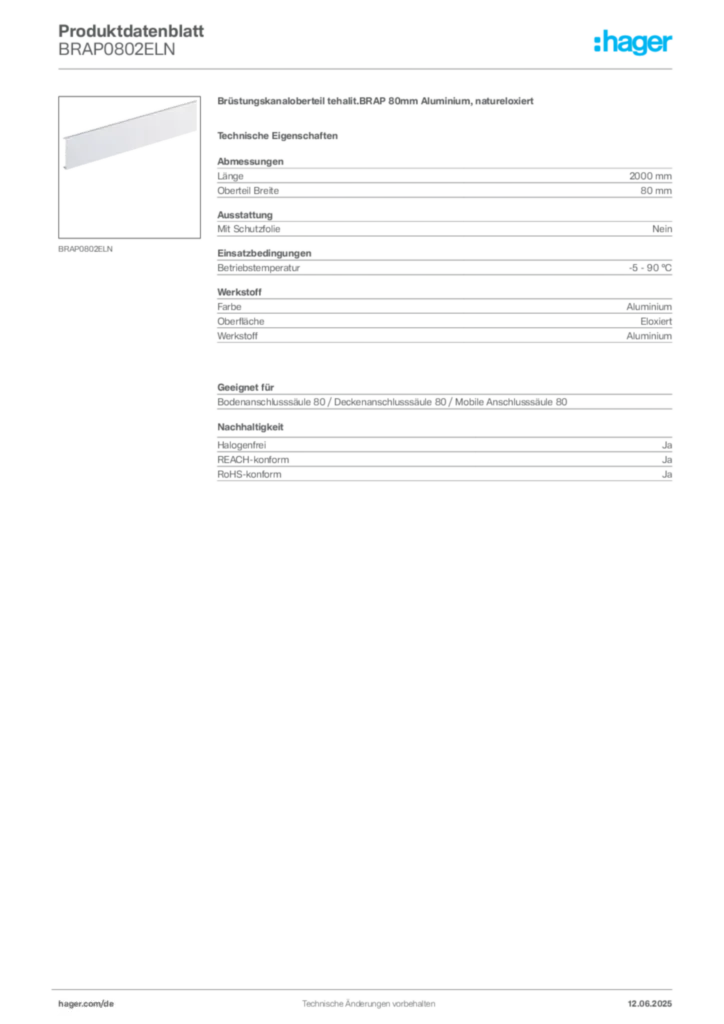 Bild Hager Produktdatenblatt BRAP0802ELN | Hager Deutschland