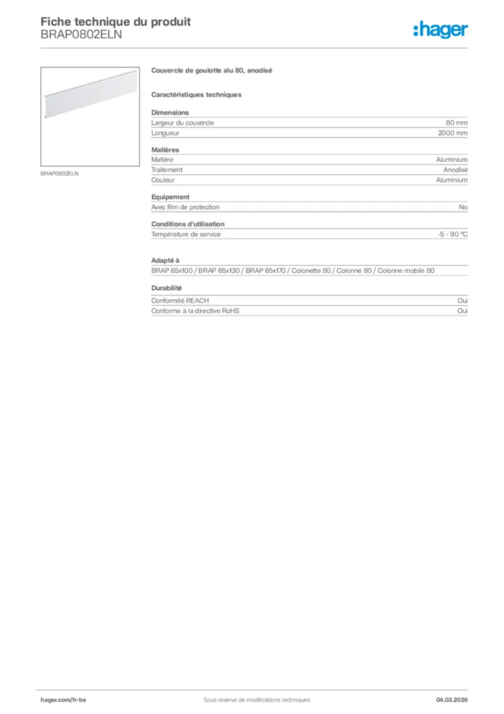 Image Hager Fiche technique du produit BRAP0802ELN | Hager Belgique
