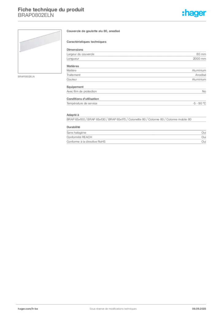 Image Hager Fiche technique du produit BRAP0802ELN | Hager Belgique