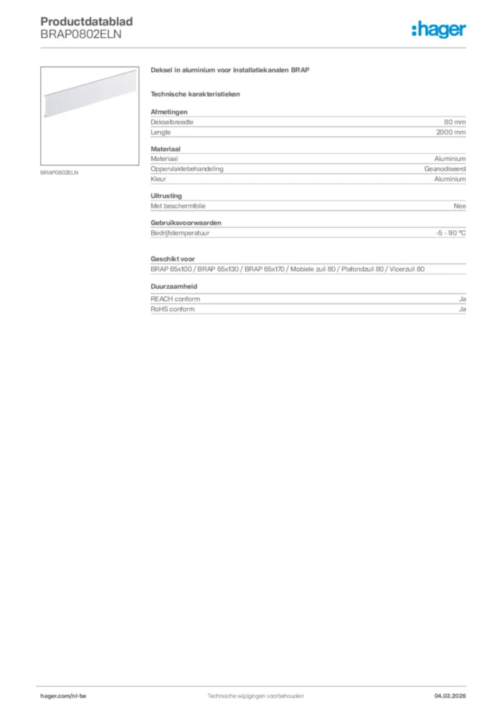 Afbeelding Hager Productdatablad BRAP0802ELN | Hager Belgium