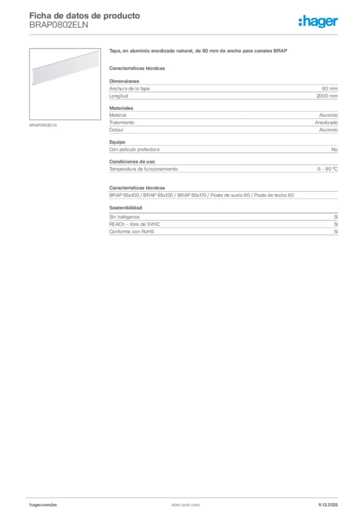 Imagen Hager Ficha de datos de producto BRAP0802ELN | Hager España