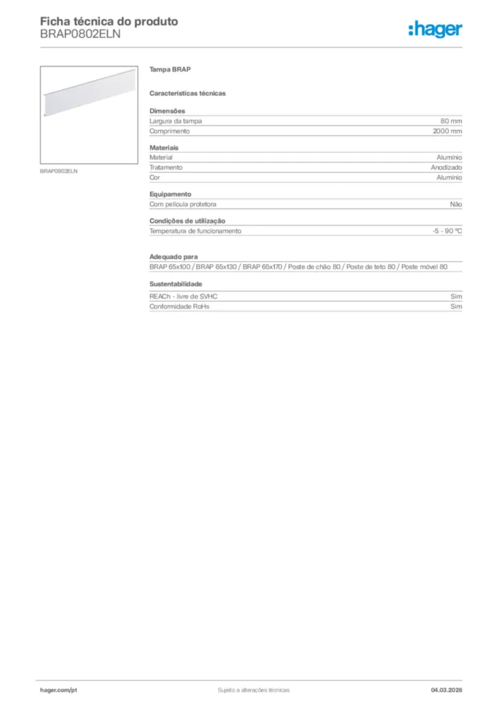 Imagem Hager Ficha técnica do produto BRAP0802ELN | Hager Portugal