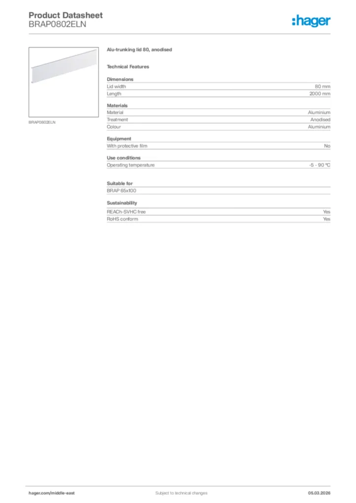 Image Hager Product data sheet BRAP0802ELN  | Hager