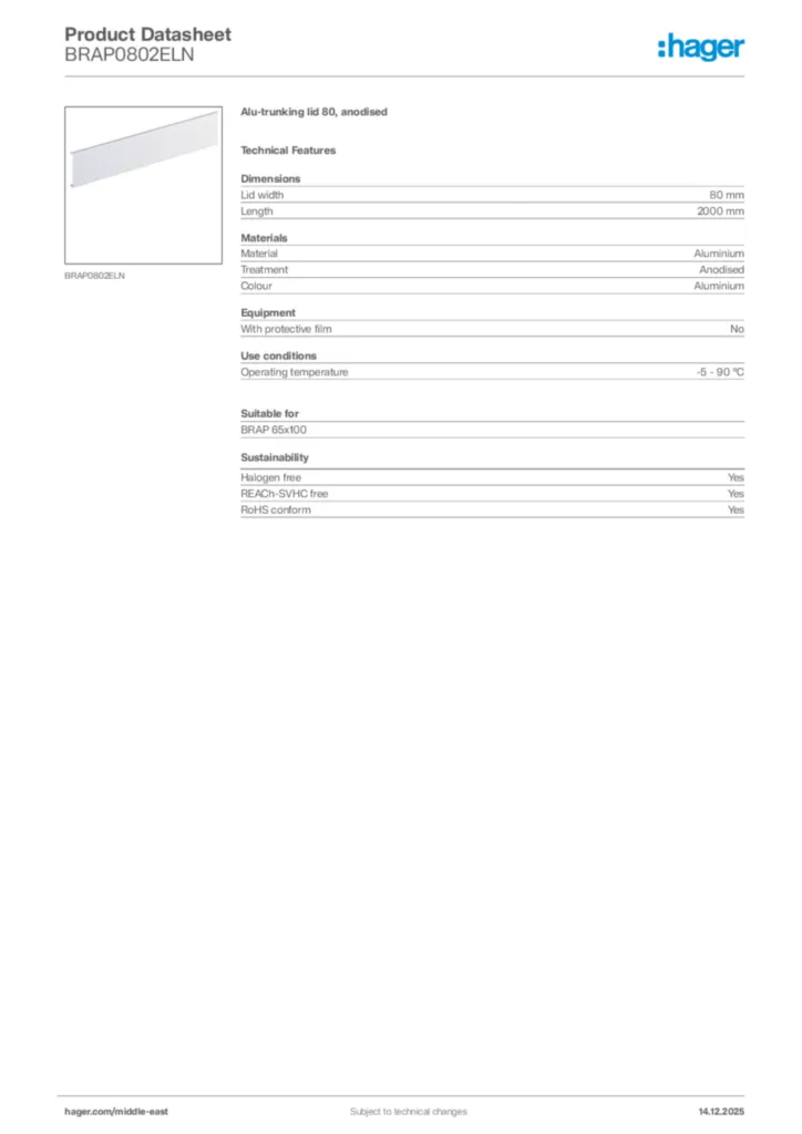 Image Hager Product data sheet BRAP0802ELN  | Hager