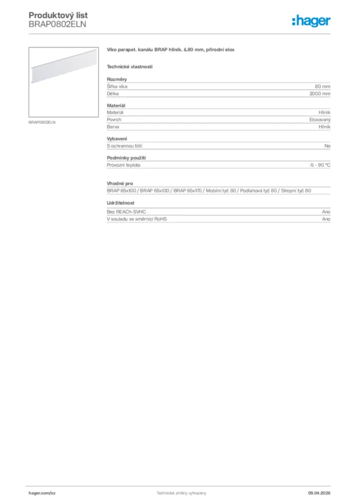 Obrázek Hager Product data sheet BRAP0802ELN | Hager