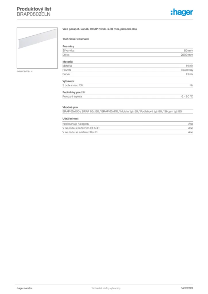 Obrázek Hager Produktový list BRAP0802ELN | Hager