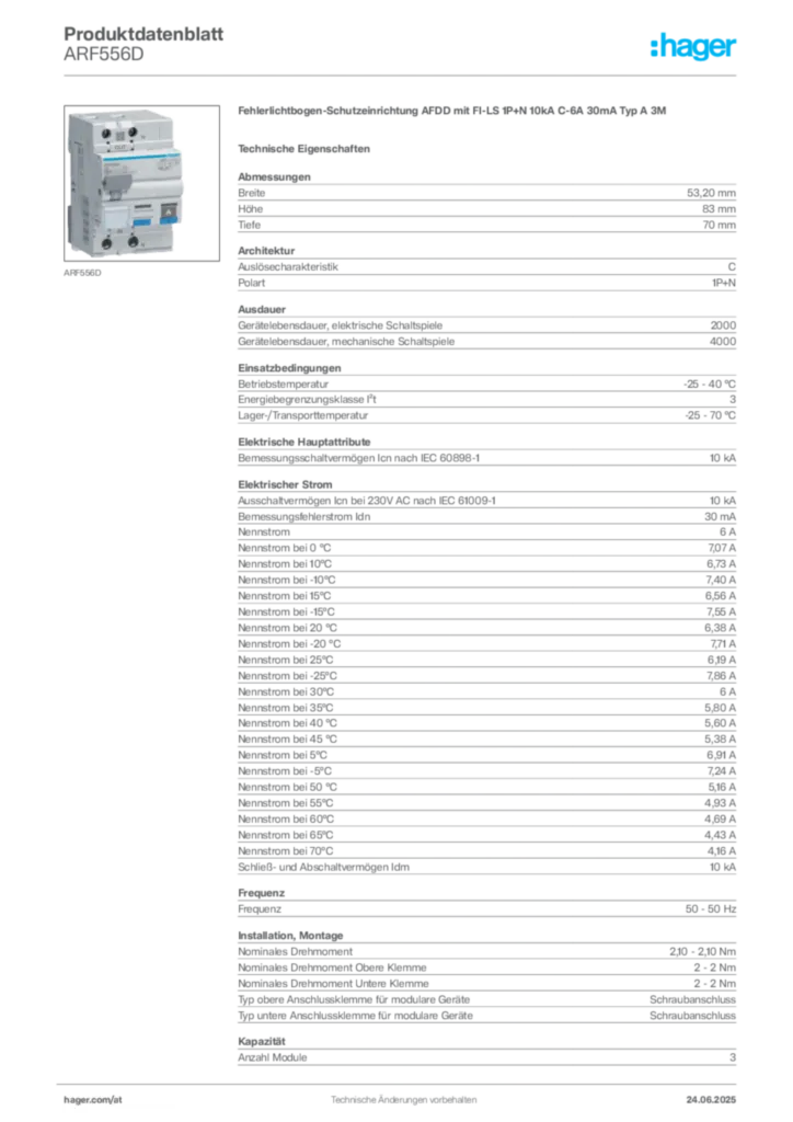 Bild Hager Produktdatenblatt ARF556D | Hager Deutschland