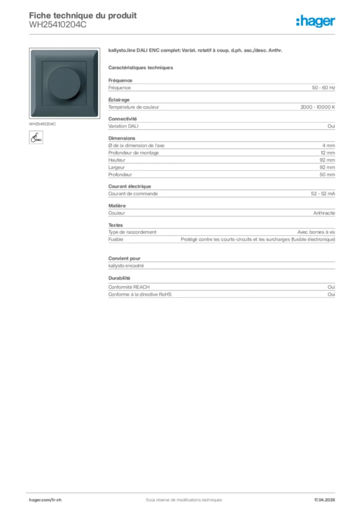 Image Hager Fiche technique du produit WH25410204C | Hager Suisse