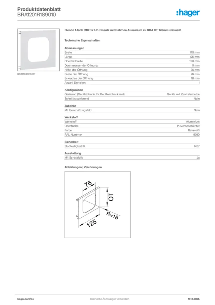 Bild Hager Produktdatenblatt BRA1201R189010 | Hager Deutschland