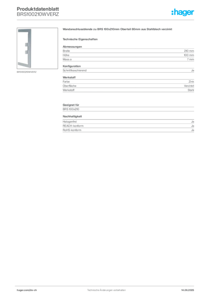 Bild Hager Produktdatenblatt BRS100210WVERZ | Hager Schweiz