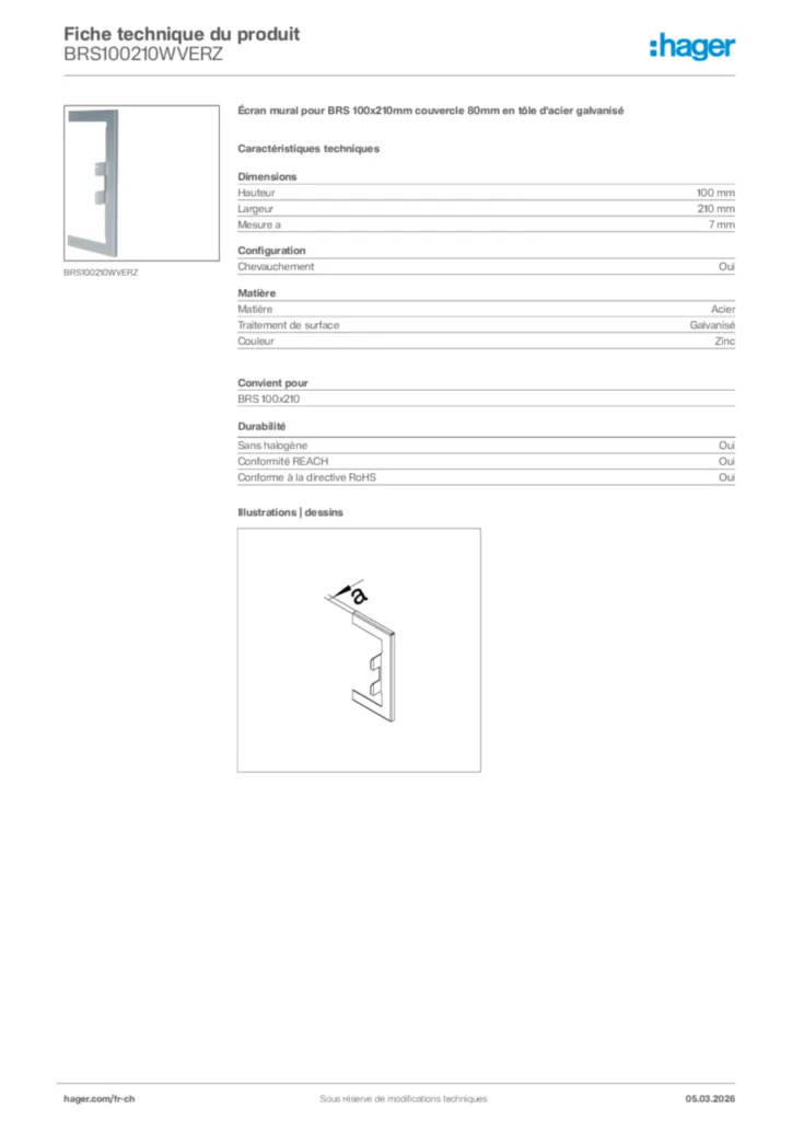 Image Hager Fiche technique du produit BRS100210WVERZ | Hager Suisse