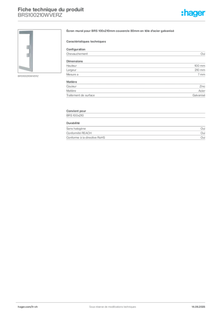 Image Hager Fiche technique du produit BRS100210WVERZ | Hager Suisse