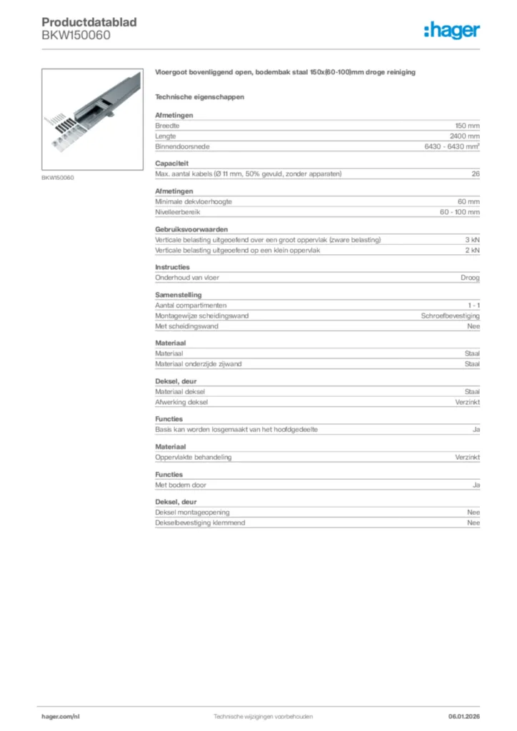 Afbeelding Hager Productdatablad BKW150060 | Hager Nederland