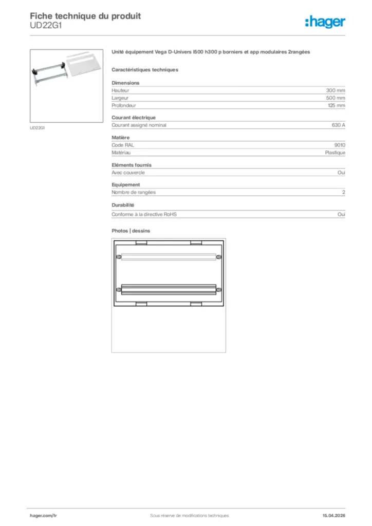Image Hager Fiche technique du produit UD22G1 | Hager France