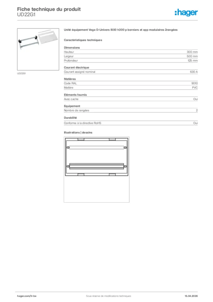 Image Hager Fiche technique du produit UD22G1 | Hager Belgique