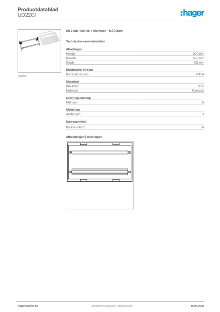 Afbeelding Hager Productdatablad UD22G1 | Hager Belgium