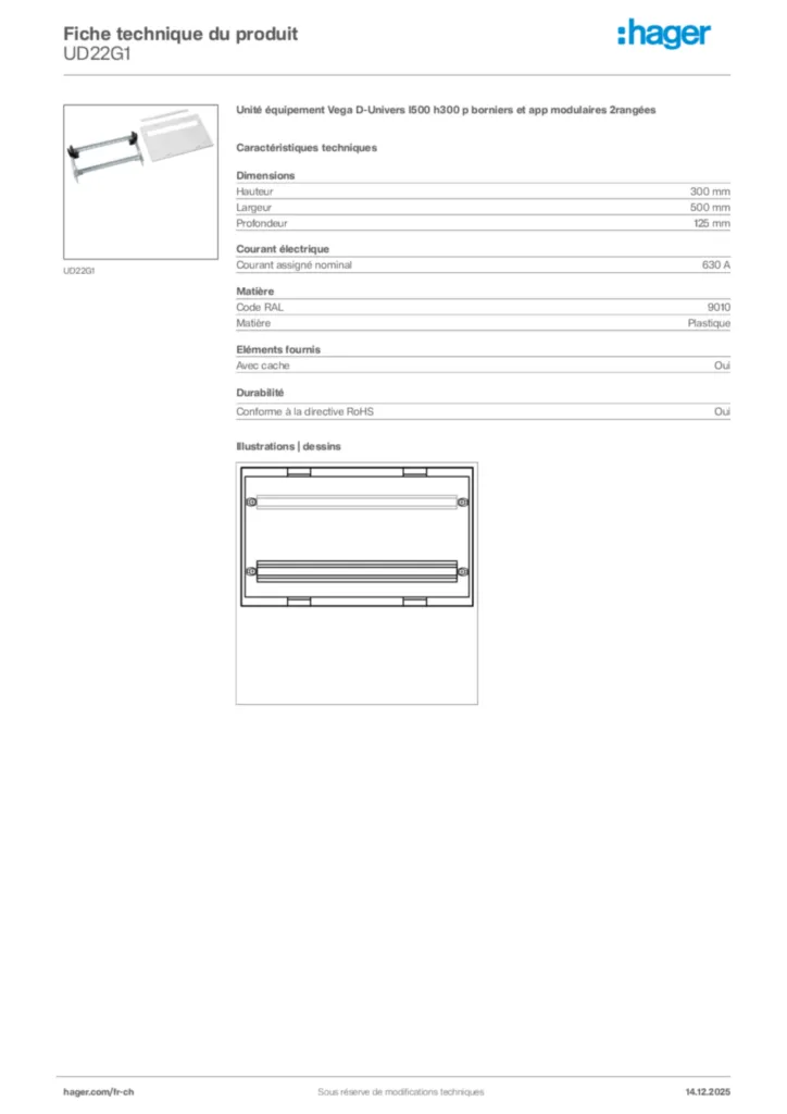 Image Hager Fiche technique du produit UD22G1 | Hager Suisse