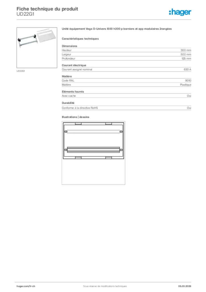 Image Hager Fiche technique du produit UD22G1 | Hager Suisse