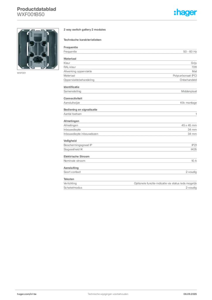 Afbeelding Hager Productdatablad WXF001B50 | Hager Belgium