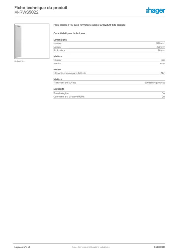 Image Hager Fiche technique du produit M-RWS5022 | Hager Suisse