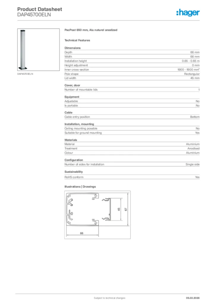 Image Hager Product data sheet DAP45700ELN  | Hager Africa