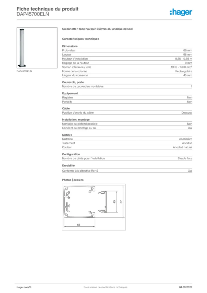 Image Hager Fiche technique du produit DAP45700ELN | Hager France