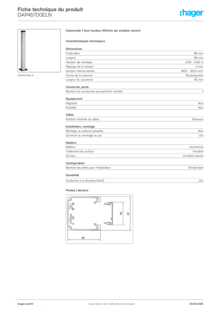 Image Hager Fiche technique du produit DAP45700ELN | Hager France