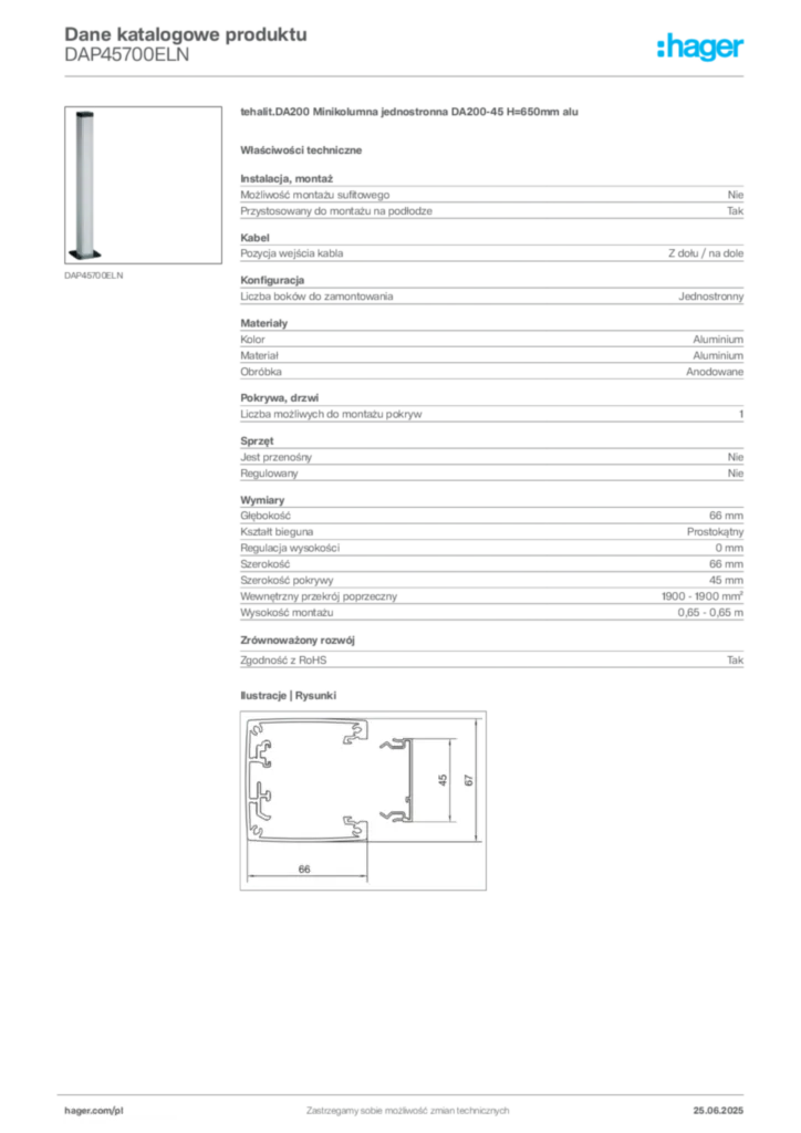 Zdjęcie Hager Dane katalogowe produktu DAP45700ELN | Hager Polska