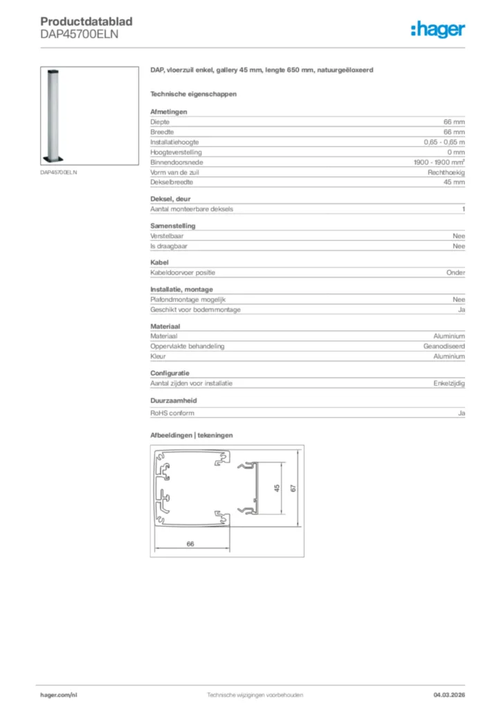 Afbeelding Hager Productdatablad DAP45700ELN | Hager Nederland
