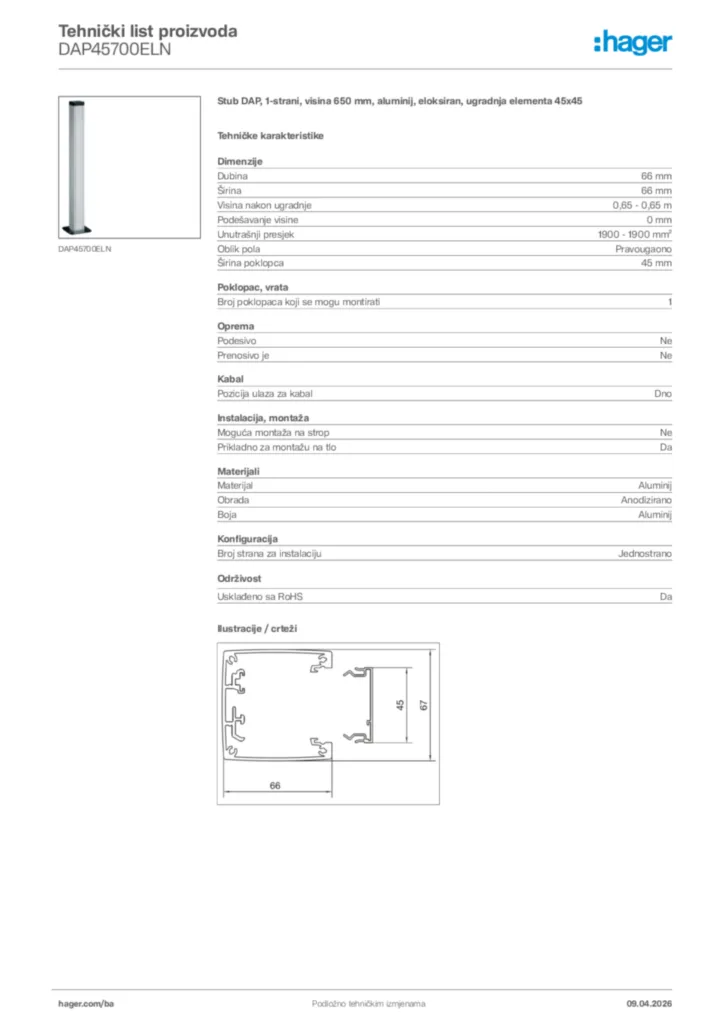 Slika Hager Tehnički list proizvoda DAP45700ELN  | Hager