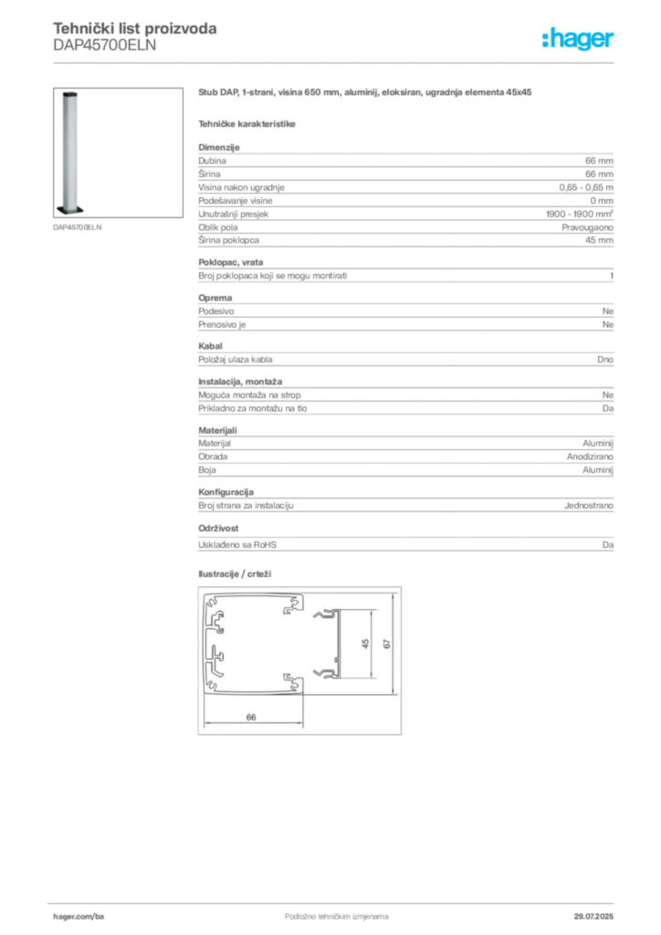 Slika Hager Product data sheet DAP45700ELN  | Hager