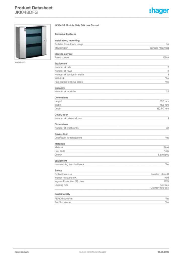 Image Hager Product data sheet JK104BDFG  | Hager