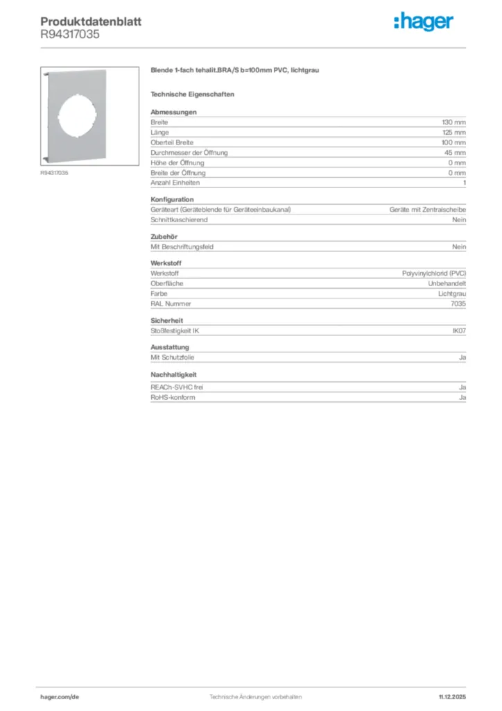 Bild Hager Produktdatenblatt R94317035 | Hager Deutschland