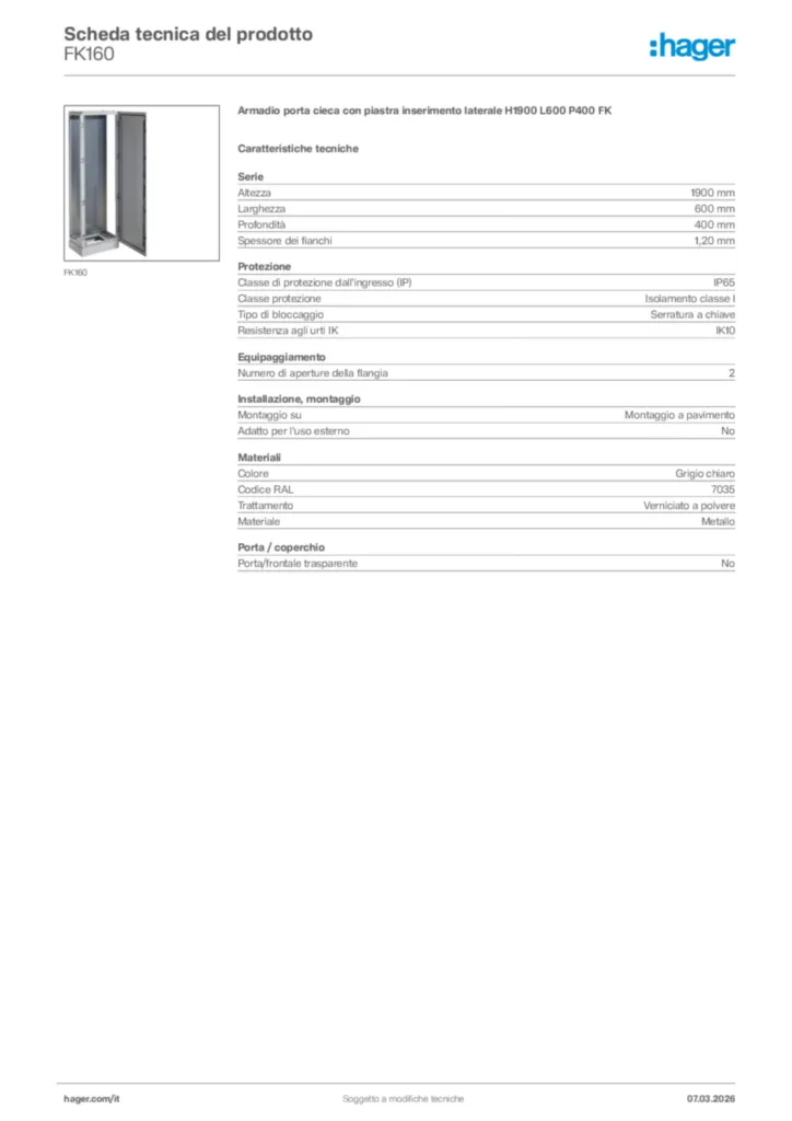 Immagine Hager Scheda tecnica del prodotto FK160 | Hager Italia