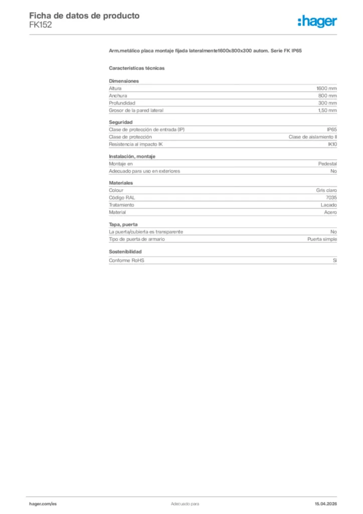 Imagen Hager Ficha de datos de producto FK152 | Hager España