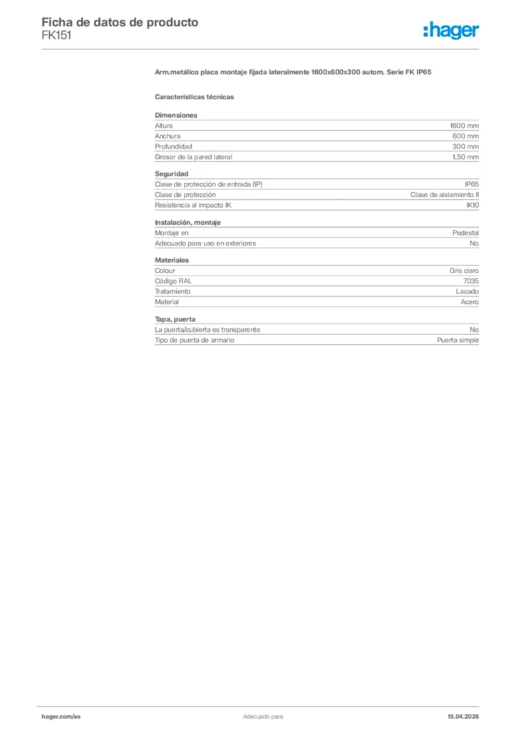 Imagen Hager Ficha de datos de producto FK151 | Hager España