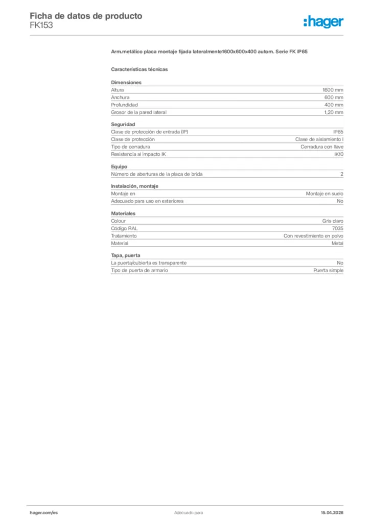 Imagen Hager Ficha de datos de producto FK153 | Hager España
