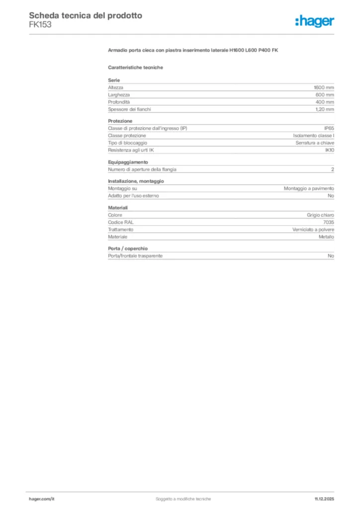 Immagine Hager Scheda tecnica del prodotto FK153 | Hager Italia