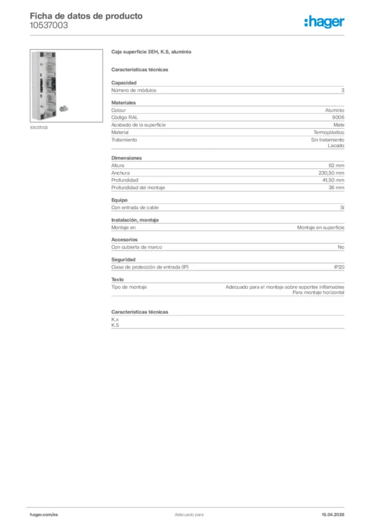 Imagen Hager Ficha de datos de producto 10537003 | Hager España