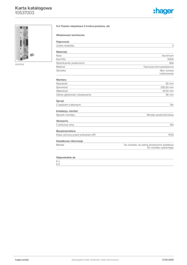 Zdjęcie Hager Karta katalogowa 10537003 | Hager Polska