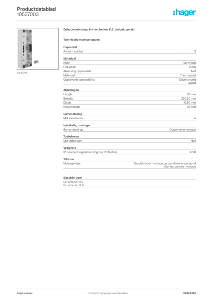 Afbeelding Hager Productdatablad 10537003 | Hager Nederland