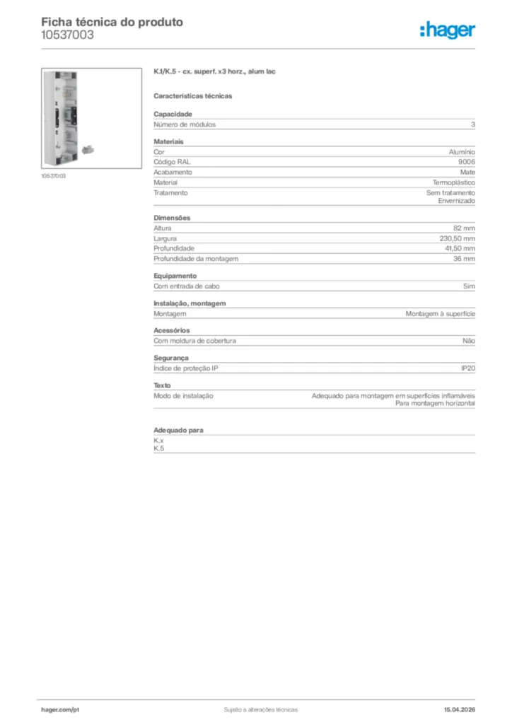 Imagem Hager Ficha técnica do produto 10537003 | Hager Portugal