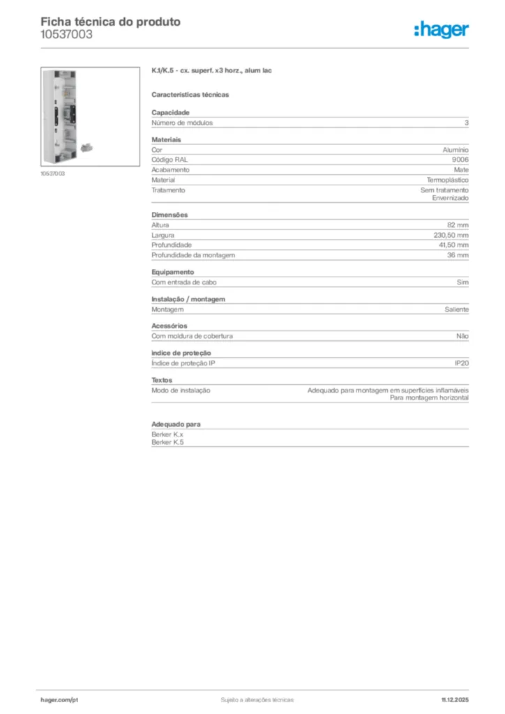 Imagem Hager Ficha técnica do produto 10537003 | Hager Portugal