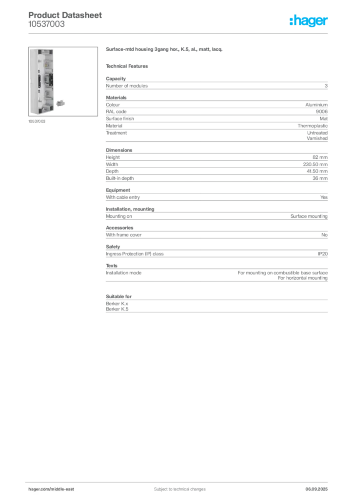 Image Hager Product data sheet 10537003  | Hager