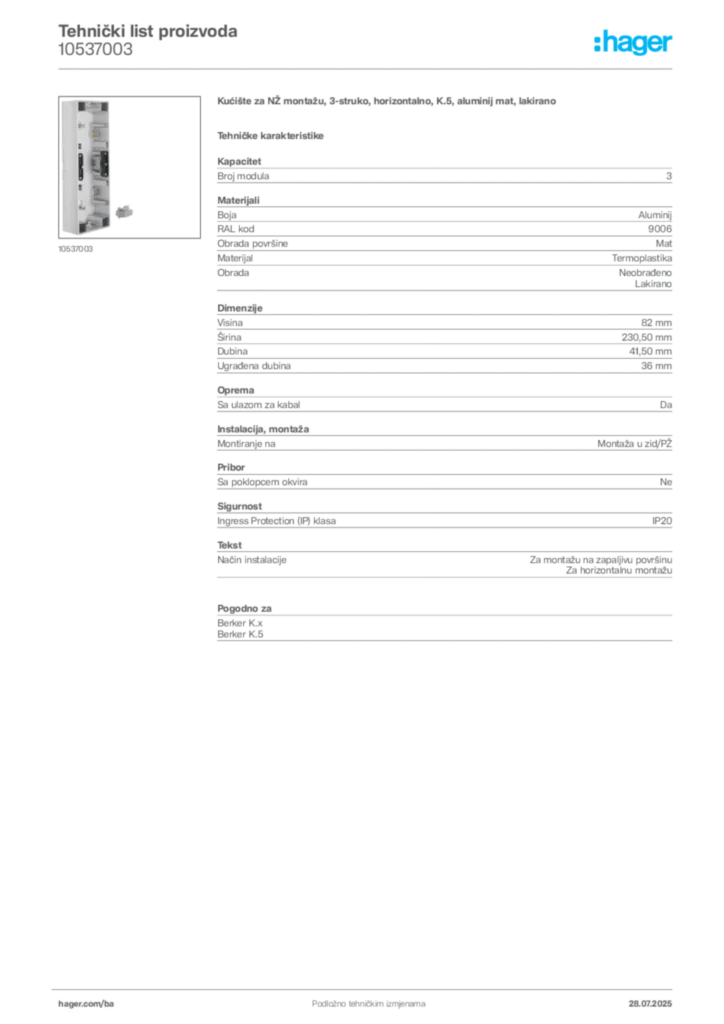 Slika Hager Product data sheet 10537003  | Hager