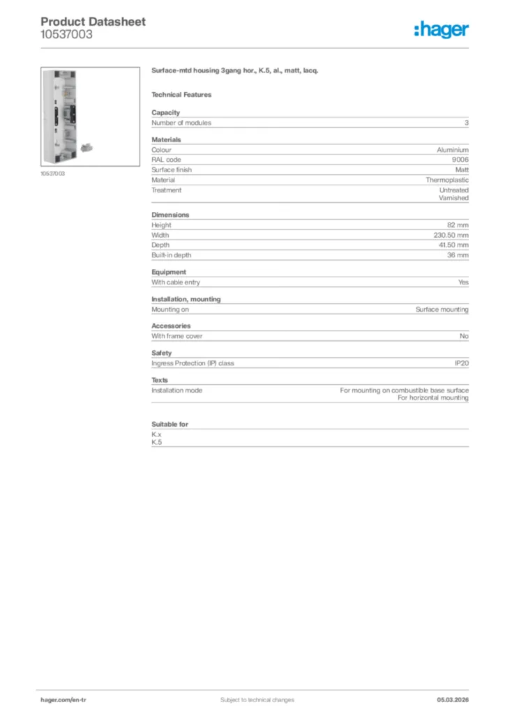 Image Hager Product data sheet 10537003  | Hager