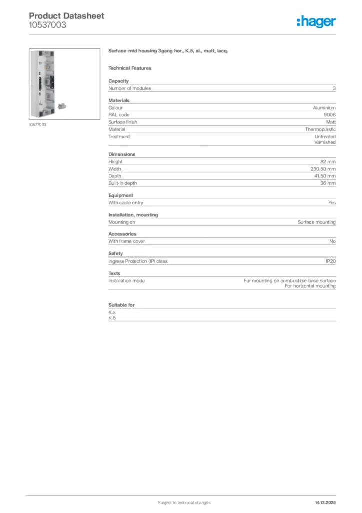 Image Hager Product data sheet 10537003  | Hager