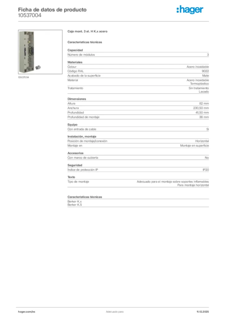 Imagen Hager Ficha de datos de producto 10537004 | Hager España