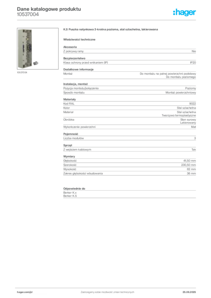 Zdjęcie Hager Dane katalogowe produktu 10537004 | Hager Polska
